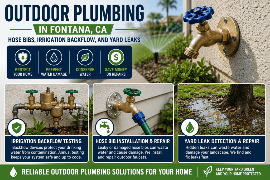 Outdoor Plumbing in Fontana, CA: Hose Bibs, Irrigation Backflow, and Yard Leaks